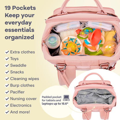 Diaper Bag Backpack-Multifunction Travel Baby Diaper Bag with Changing Pad, Insulated Bottle Holders & Pacifier Case, Large Capacity, Waterproof, Gray