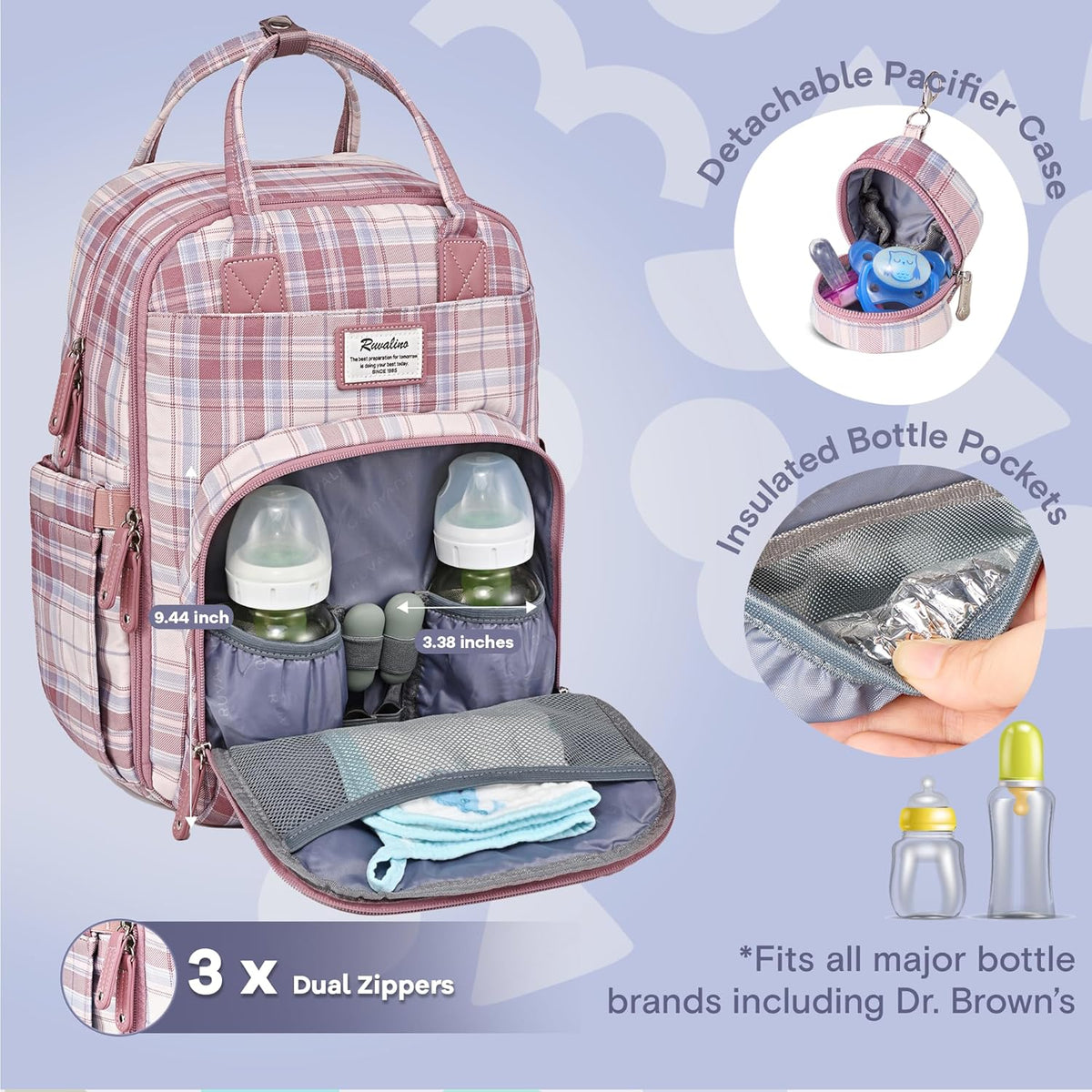Diaper Bag Backpack-Multifunction Travel Baby Diaper Bag with Changing Pad, Insulated Bottle Holders & Pacifier Case, Large Capacity, Waterproof, Gray
