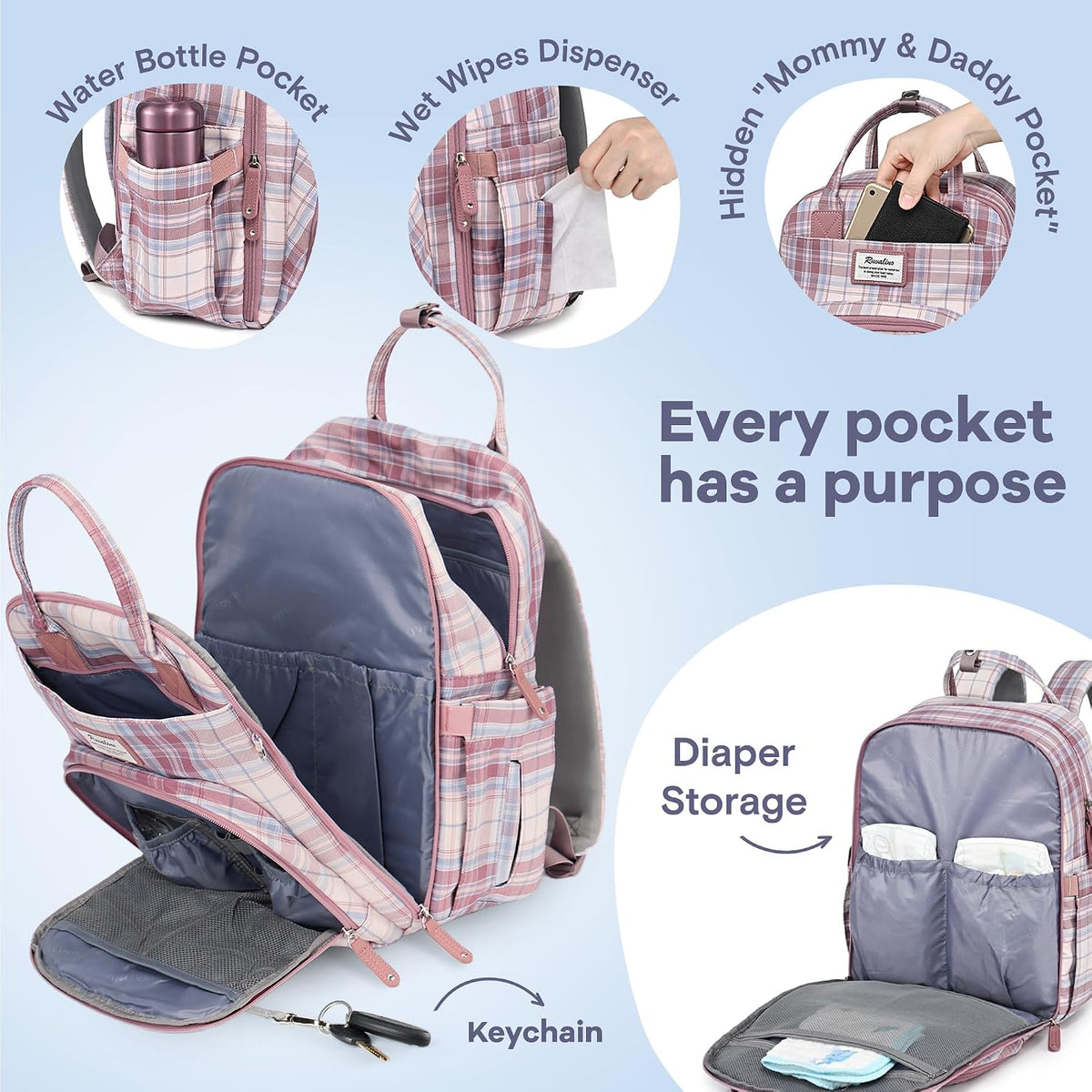 Diaper Bag Backpack-Multifunction Travel Baby Diaper Bag with Changing Pad, Insulated Bottle Holders & Pacifier Case, Large Capacity, Waterproof, Gray