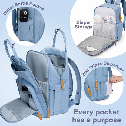 Diaper Bag Backpack-Multifunction Travel Baby Diaper Bag with Changing Pad, Insulated Bottle Holders & Pacifier Case, Large Capacity, Waterproof, Gray