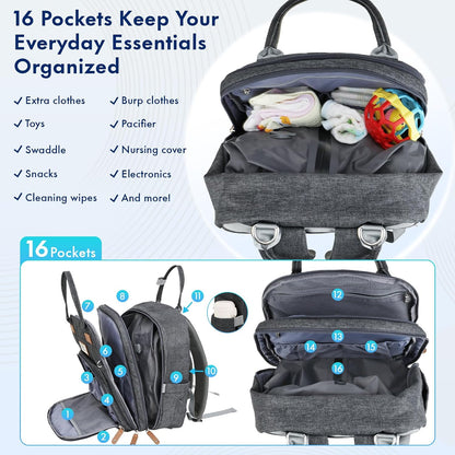Diaper Bag Backpack-Multifunction Travel Baby Diaper Bag with Changing Pad, Insulated Bottle Holders & Pacifier Case, Large Capacity, Waterproof, Gray