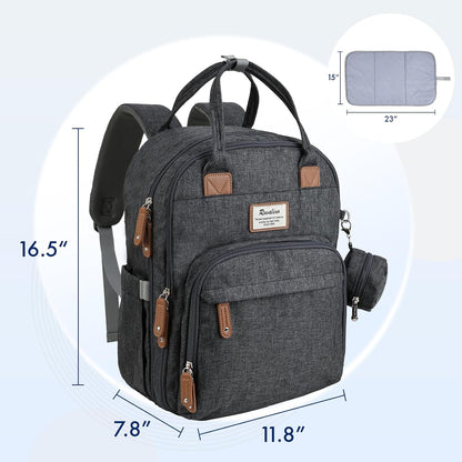 Diaper Bag Backpack-Multifunction Travel Baby Diaper Bag with Changing Pad, Insulated Bottle Holders & Pacifier Case, Large Capacity, Waterproof, Gray