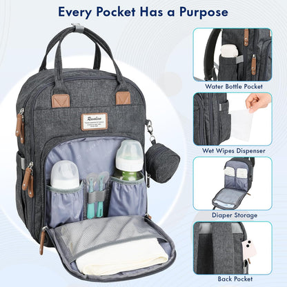 Diaper Bag Backpack-Multifunction Travel Baby Diaper Bag with Changing Pad, Insulated Bottle Holders & Pacifier Case, Large Capacity, Waterproof, Gray
