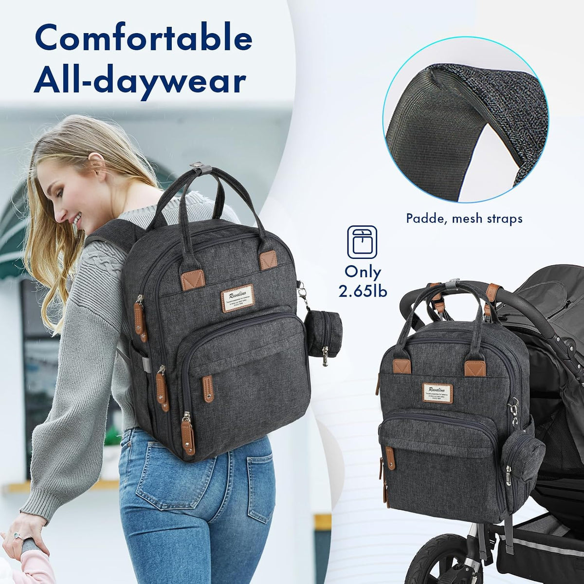 Diaper Bag Backpack-Multifunction Travel Baby Diaper Bag with Changing Pad, Insulated Bottle Holders & Pacifier Case, Large Capacity, Waterproof, Gray