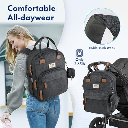 Diaper Bag Backpack-Multifunction Travel Baby Diaper Bag with Changing Pad, Insulated Bottle Holders & Pacifier Case, Large Capacity, Waterproof, Gray