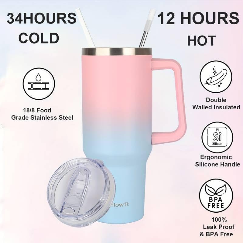 40oz Travel Tumbler with Handle and Straw, Water Bottle with Carrier Bag