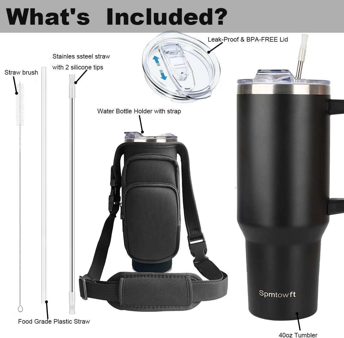 40oz Travel Tumbler with Handle and Straw, Water Bottle with Carrier Bag