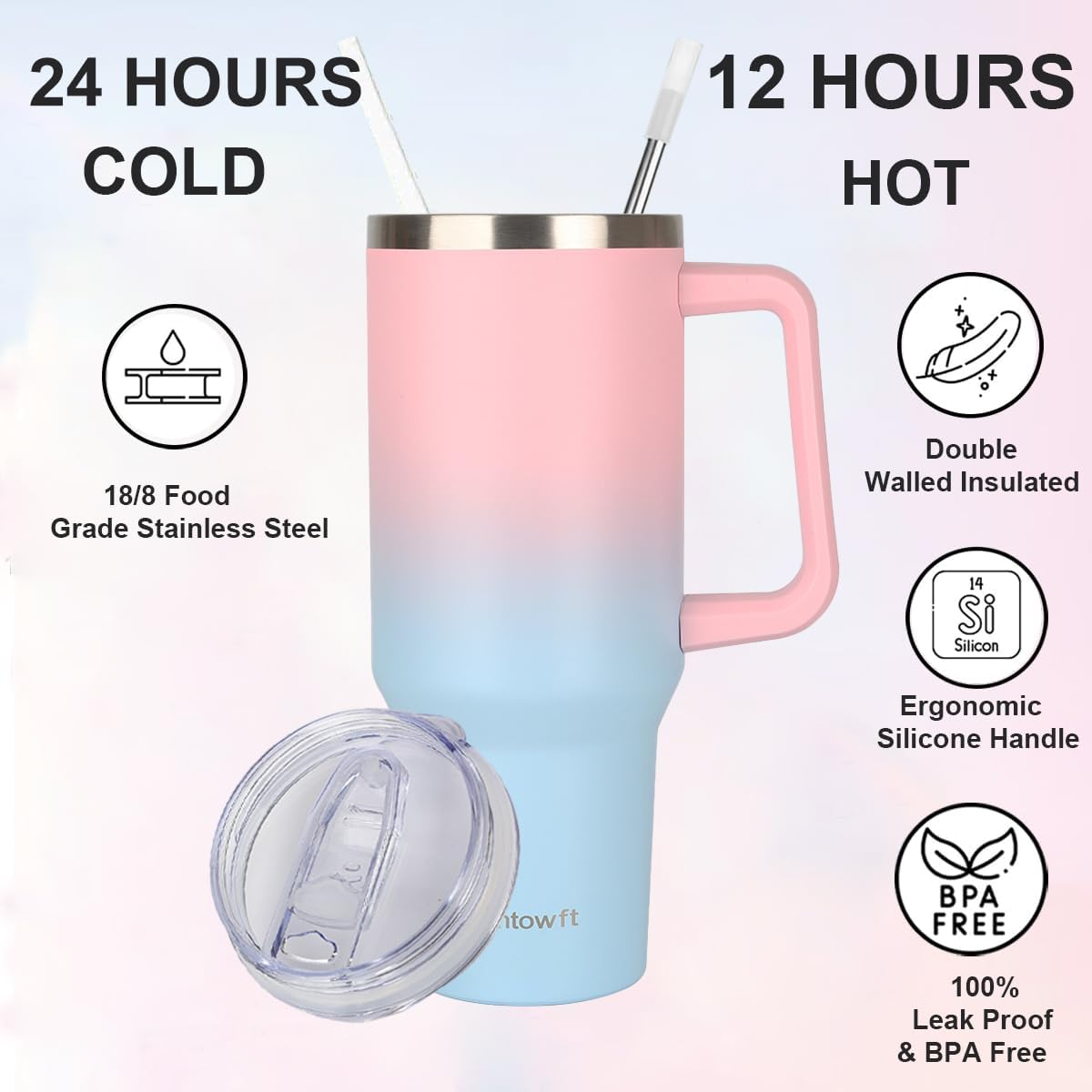 40oz Travel Tumbler with Handle and Straw, Water Bottle with Carrier Bag