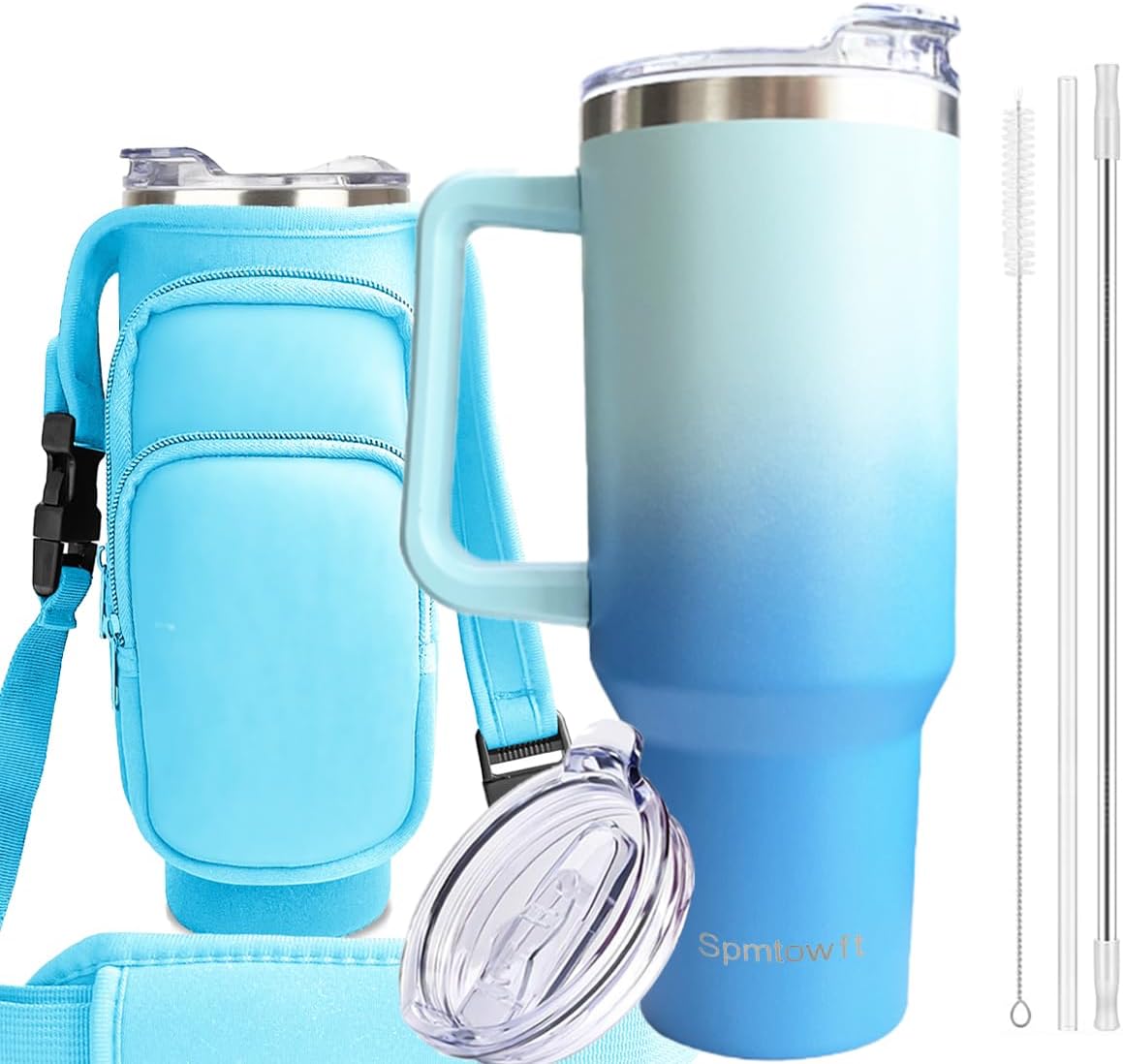 40oz Travel Tumbler with Handle and Straw, Water Bottle with Carrier Bag