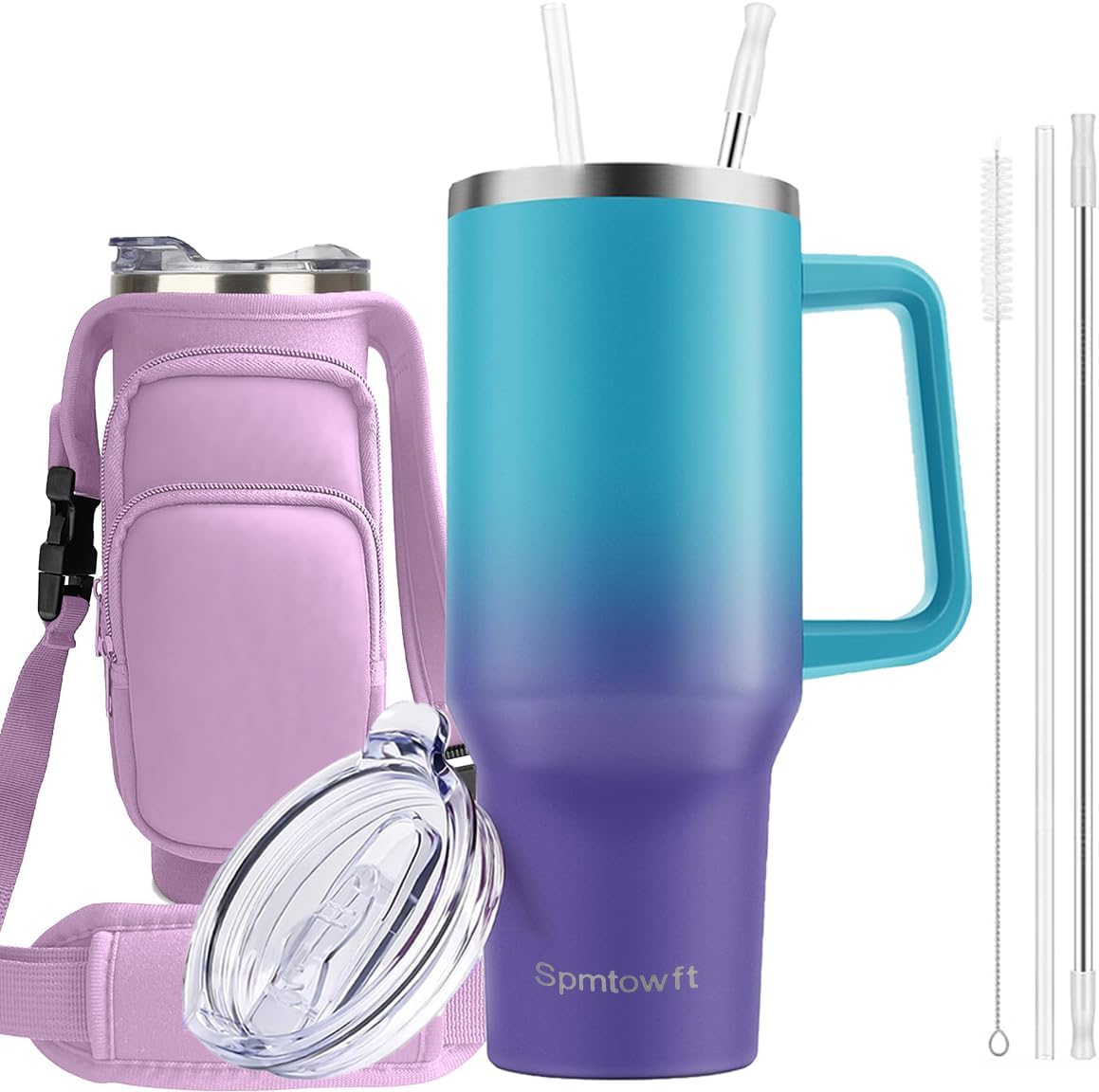 40oz Travel Tumbler with Handle and Straw, Water Bottle with Carrier Bag
