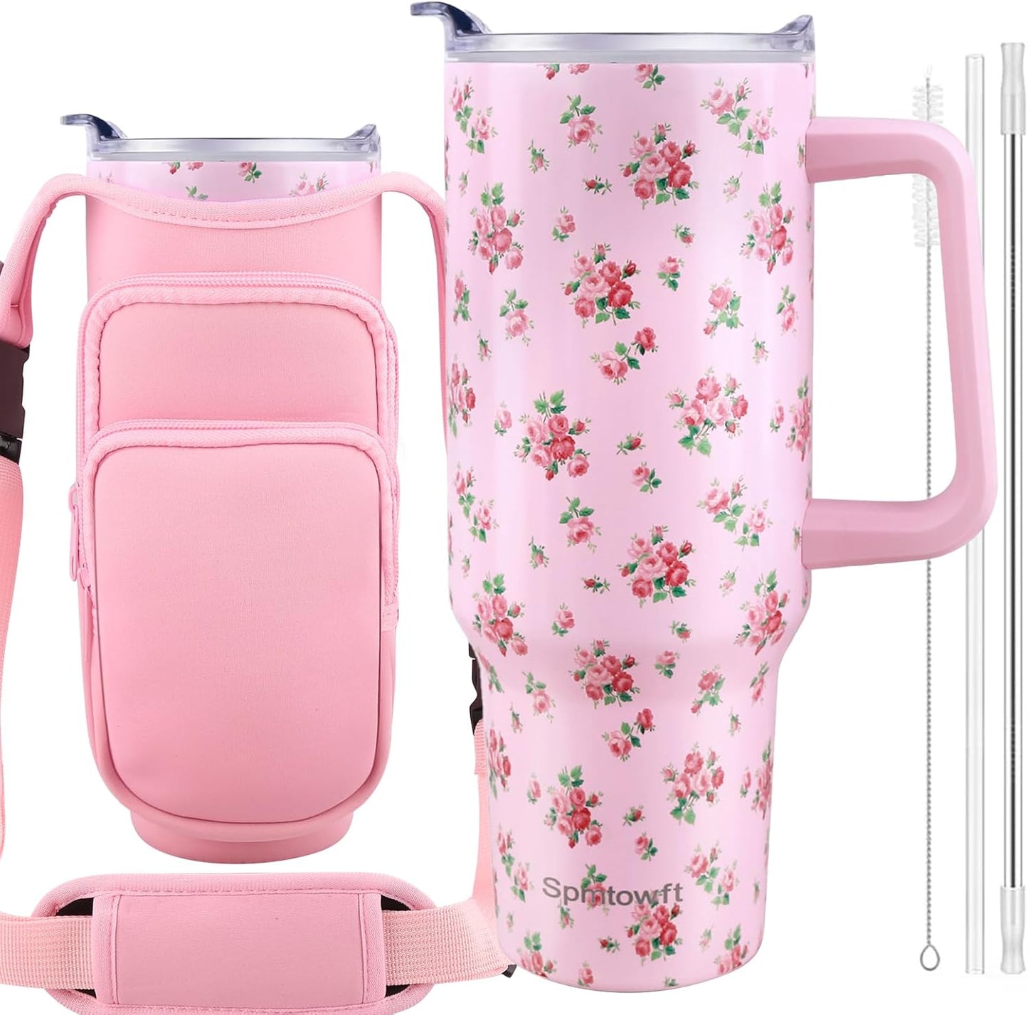 40oz Travel Tumbler with Handle and Straw, Water Bottle with Carrier Bag