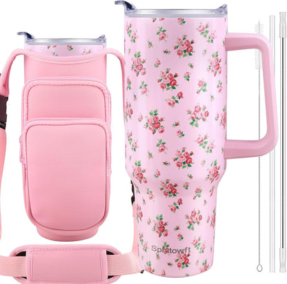 40oz Travel Tumbler with Handle and Straw, Water Bottle with Carrier Bag