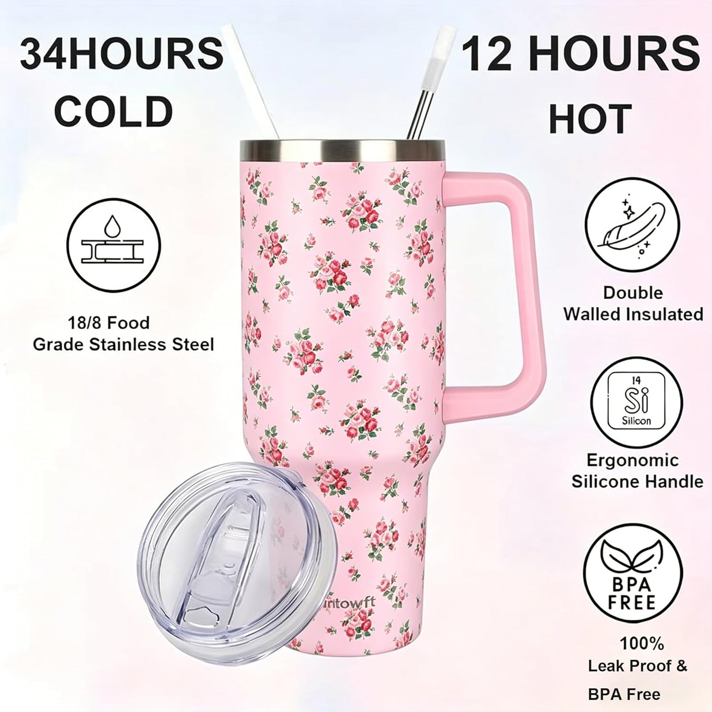 40oz Travel Tumbler with Handle and Straw, Water Bottle with Carrier Bag