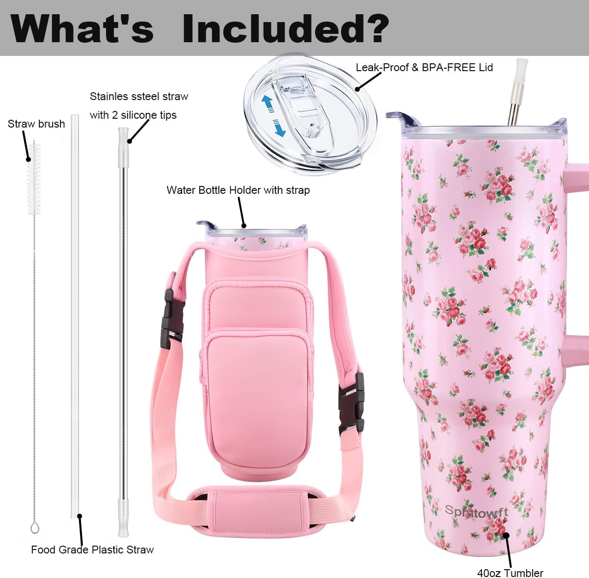 40oz Travel Tumbler with Handle and Straw, Water Bottle with Carrier Bag