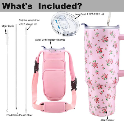 40oz Travel Tumbler with Handle and Straw, Water Bottle with Carrier Bag