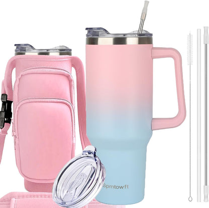40oz Travel Tumbler with Handle and Straw, Water Bottle with Carrier Bag