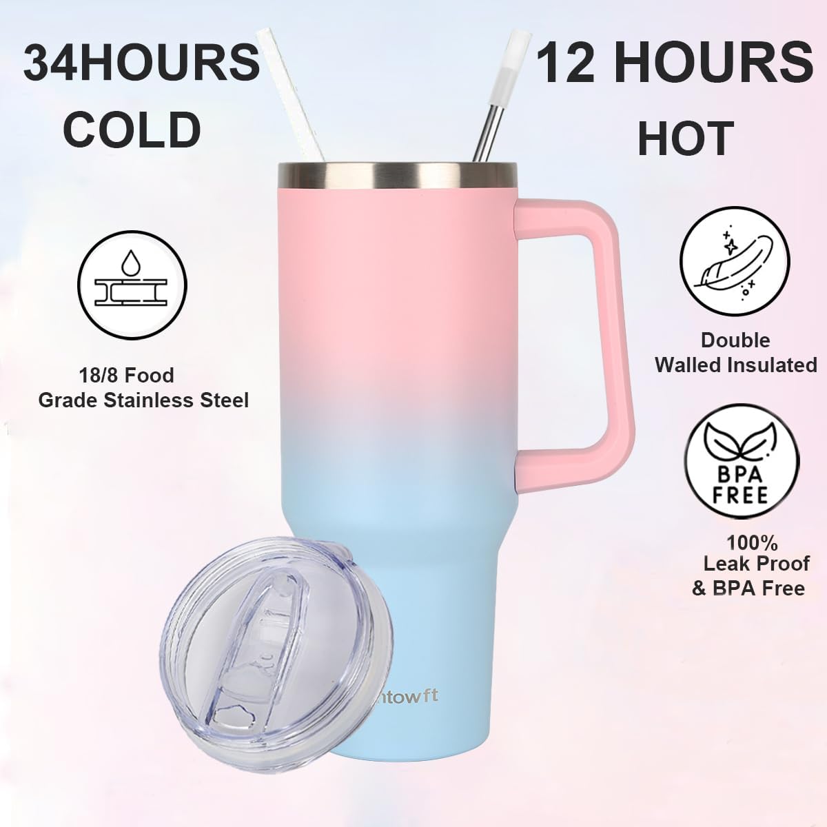 40oz Travel Tumbler with Handle and Straw, Water Bottle with Carrier Bag