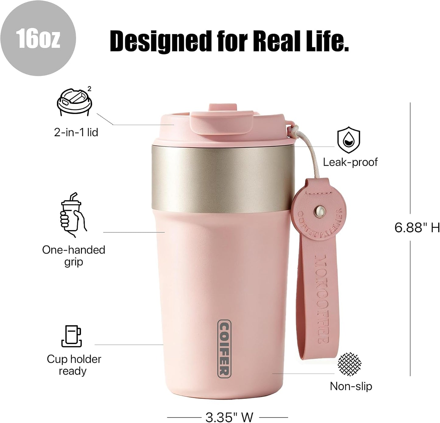 Travel Coffee Mug Insulated Tumbler, Pink | Stainless Steel Coffee Cup for Office, Commute and Home, Wide Mouth Easy Clean Design