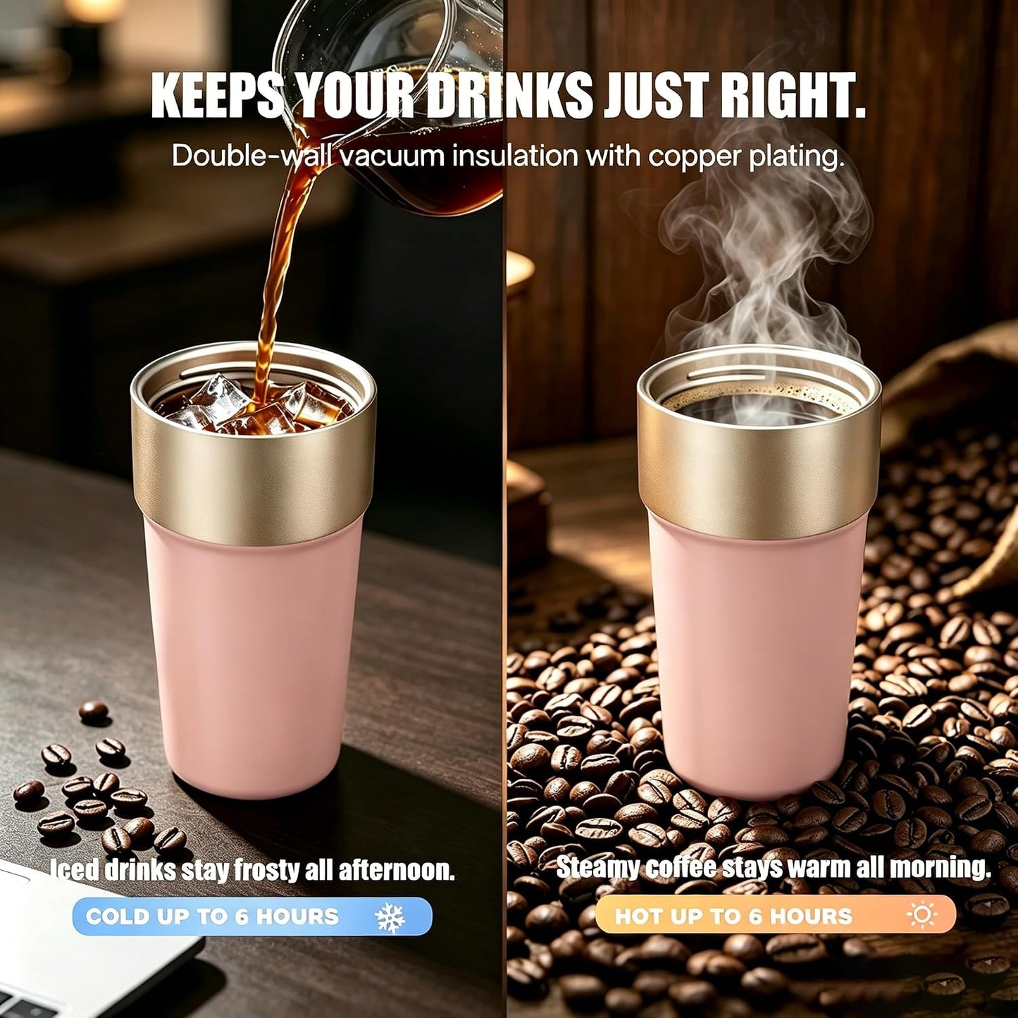 Travel Coffee Mug Insulated Tumbler, Pink | Stainless Steel Coffee Cup for Office, Commute and Home, Wide Mouth Easy Clean Design