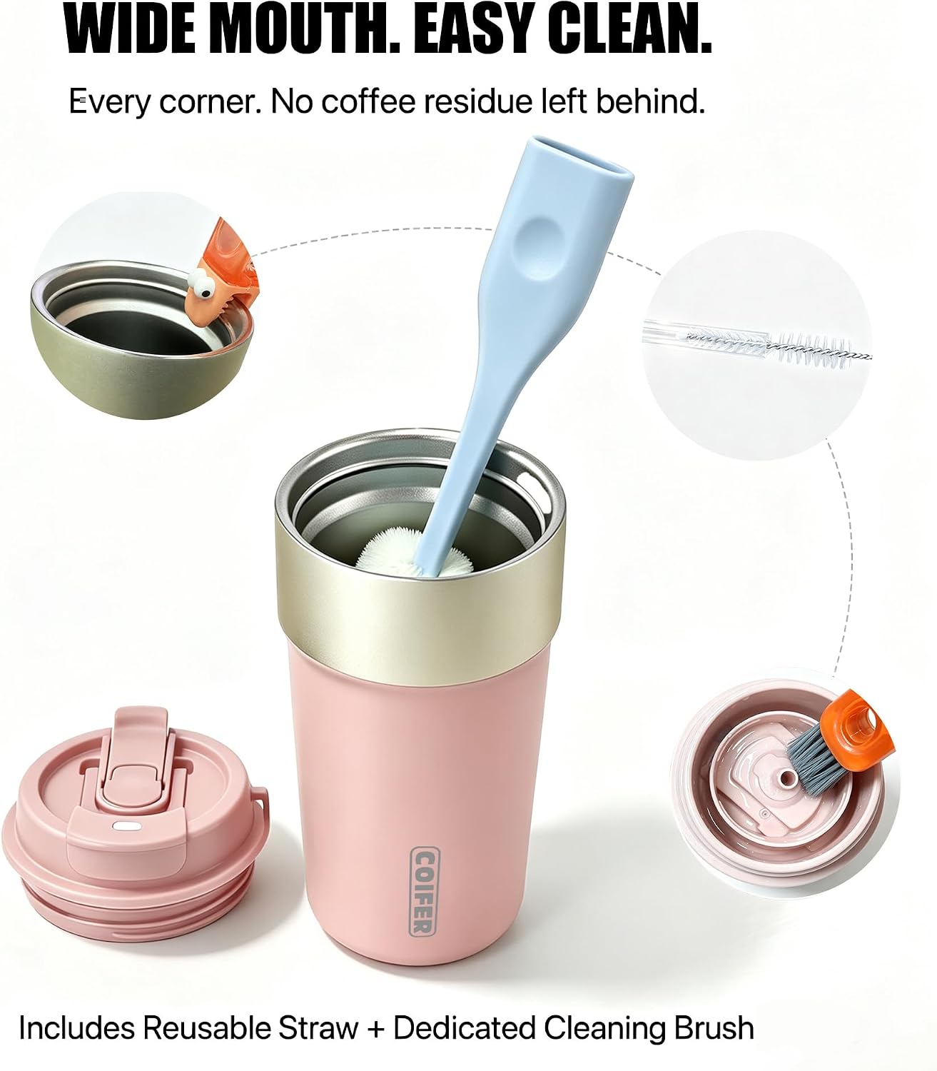 Travel Coffee Mug Insulated Tumbler, Pink | Stainless Steel Coffee Cup for Office, Commute and Home, Wide Mouth Easy Clean Design