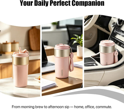 Travel Coffee Mug Insulated Tumbler, Pink | Stainless Steel Coffee Cup for Office, Commute and Home, Wide Mouth Easy Clean Design