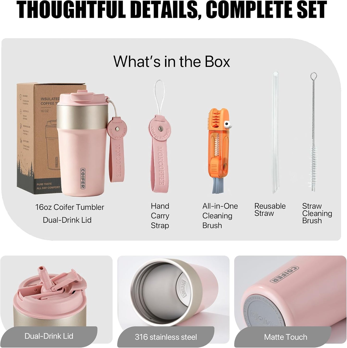 Travel Coffee Mug Insulated Tumbler, Pink | Stainless Steel Coffee Cup for Office, Commute and Home, Wide Mouth Easy Clean Design