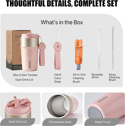 Travel Coffee Mug Insulated Tumbler, Pink | Stainless Steel Coffee Cup for Office, Commute and Home, Wide Mouth Easy Clean Design