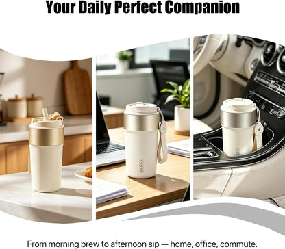 Travel Coffee Mug Insulated Tumbler, Pink | Stainless Steel Coffee Cup for Office, Commute and Home, Wide Mouth Easy Clean Design