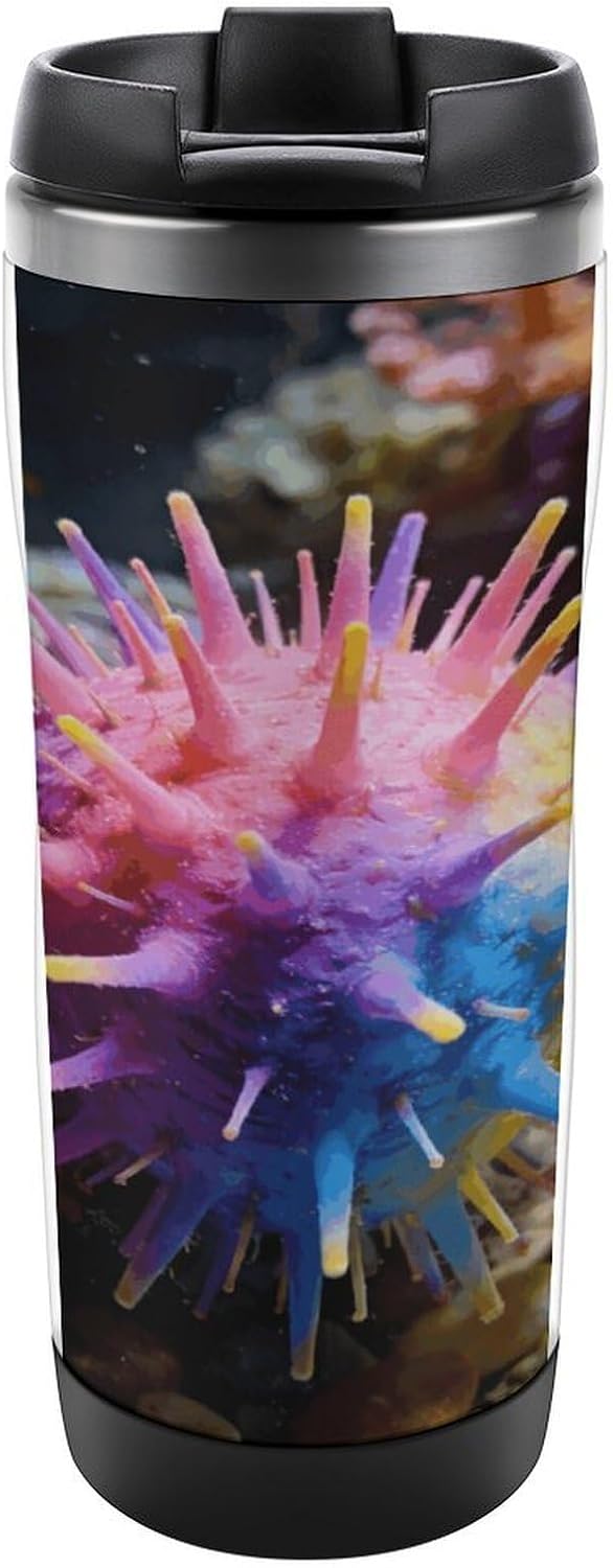13oz Insulated Travel Coffee Mug Reusable Coffee Cup Water Bottle | Colorful Sea Urchin Travel Mug with Leak Proof Lid Double Wall Stainless Steel Coffee Tumbler Personalized Gift