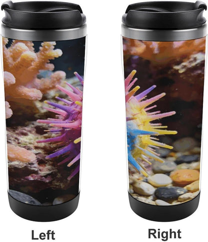 13oz Insulated Travel Coffee Mug Reusable Coffee Cup Water Bottle | Colorful Sea Urchin Travel Mug with Leak Proof Lid Double Wall Stainless Steel Coffee Tumbler Personalized Gift