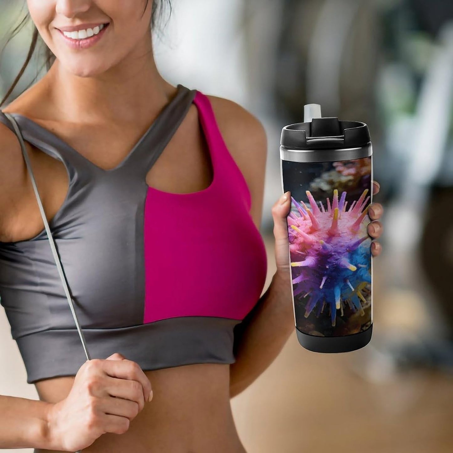 13oz Insulated Travel Coffee Mug Reusable Coffee Cup Water Bottle | Colorful Sea Urchin Travel Mug with Leak Proof Lid Double Wall Stainless Steel Coffee Tumbler Personalized Gift