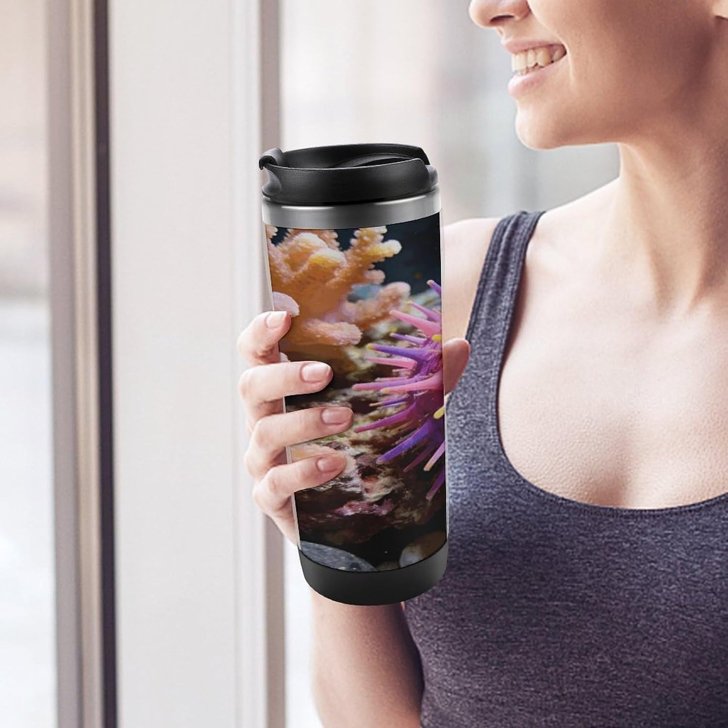13oz Insulated Travel Coffee Mug Reusable Coffee Cup Water Bottle | Colorful Sea Urchin Travel Mug with Leak Proof Lid Double Wall Stainless Steel Coffee Tumbler Personalized Gift