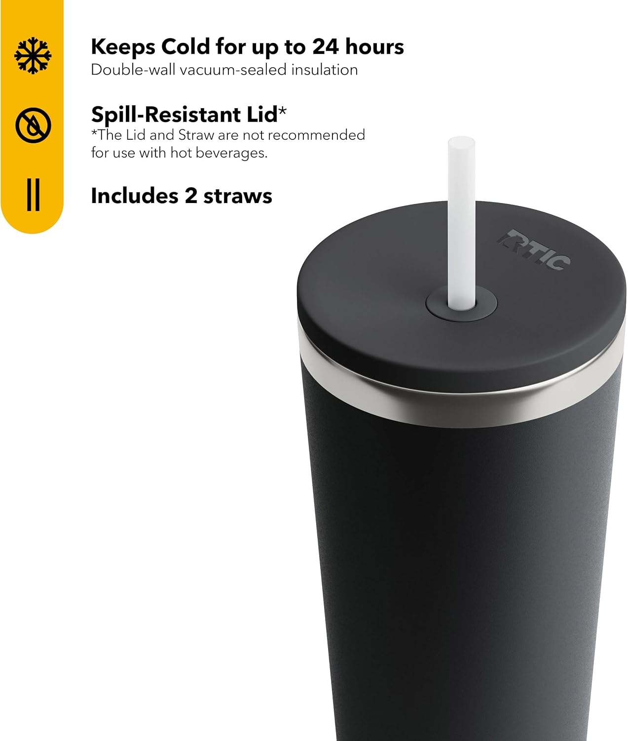 28oz Everyday Tumbler, Insulated, Ceramic Lined, Black | with Lid and Straw, Portable Metal Cup for Hot and Cold Drinks, Coffee, Car, Camping and Travel, Stainless Steel