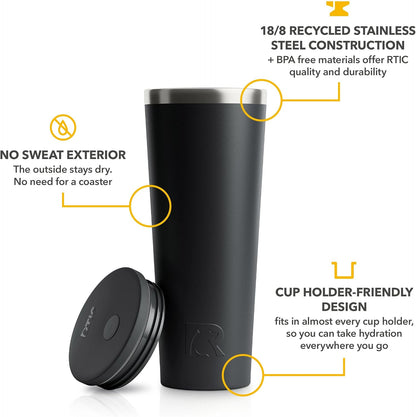 28oz Everyday Tumbler, Insulated, Ceramic Lined, Black | with Lid and Straw, Portable Metal Cup for Hot and Cold Drinks, Coffee, Car, Camping and Travel, Stainless Steel