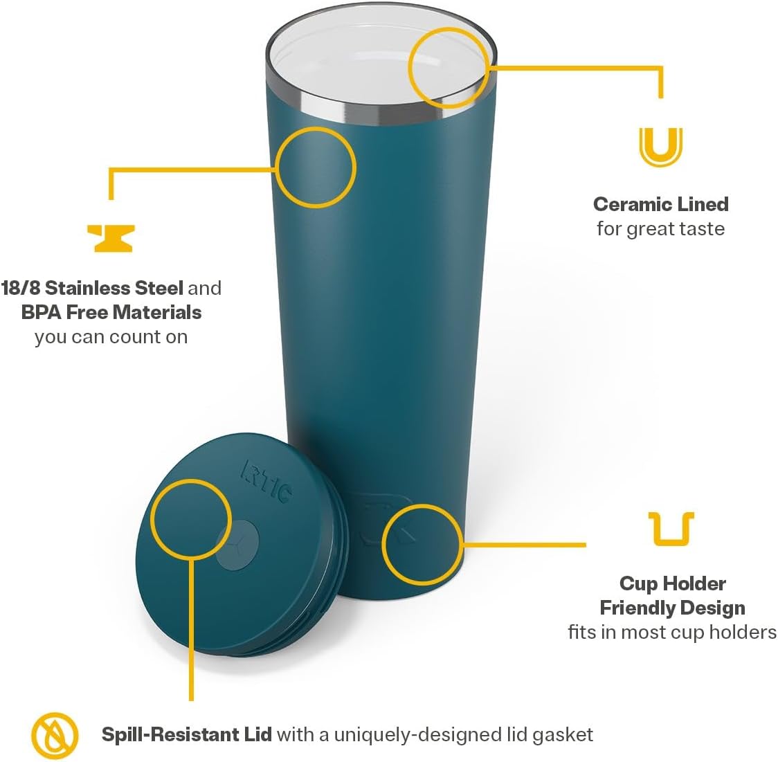 28oz Everyday Tumbler, Insulated, Ceramic Lined, Black | with Lid and Straw, Portable Metal Cup for Hot and Cold Drinks, Coffee, Car, Camping and Travel, Stainless Steel