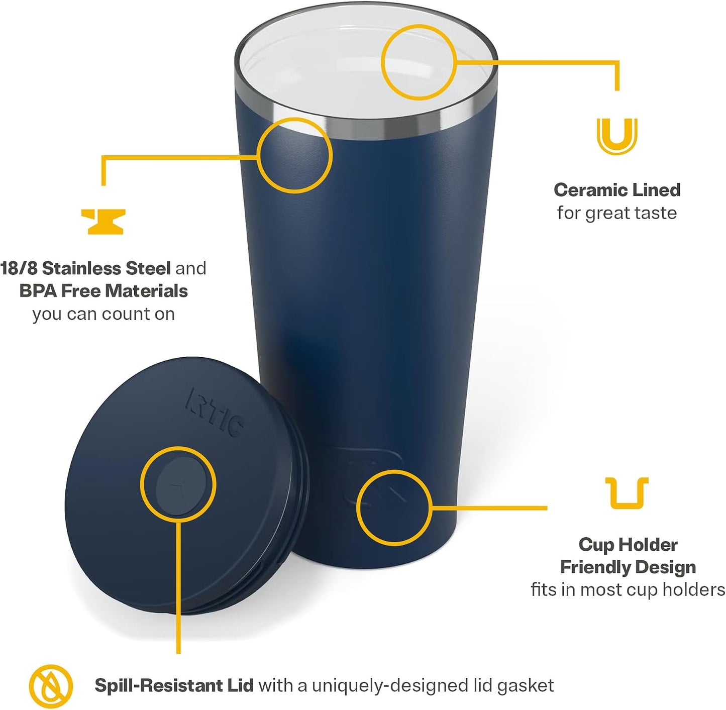28oz Everyday Tumbler, Insulated, Ceramic Lined, Black | with Lid and Straw, Portable Metal Cup for Hot and Cold Drinks, Coffee, Car, Camping and Travel, Stainless Steel