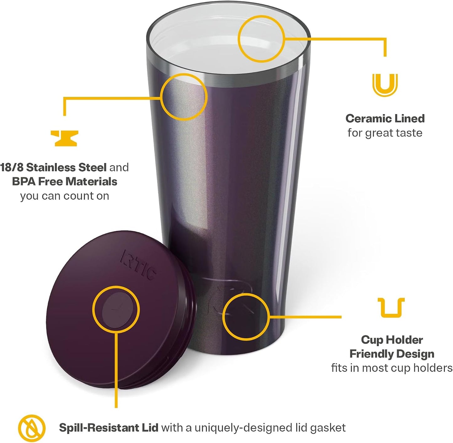 28oz Everyday Tumbler, Insulated, Ceramic Lined, Black | with Lid and Straw, Portable Metal Cup for Hot and Cold Drinks, Coffee, Car, Camping and Travel, Stainless Steel