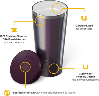 28oz Everyday Tumbler, Insulated, Ceramic Lined, Black | with Lid and Straw, Portable Metal Cup for Hot and Cold Drinks, Coffee, Car, Camping and Travel, Stainless Steel