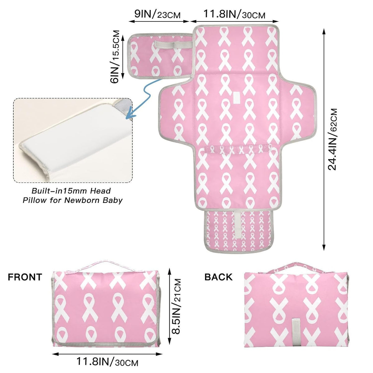 Pink Ribbon Print Portable Diaper Changing Pad for Outing
