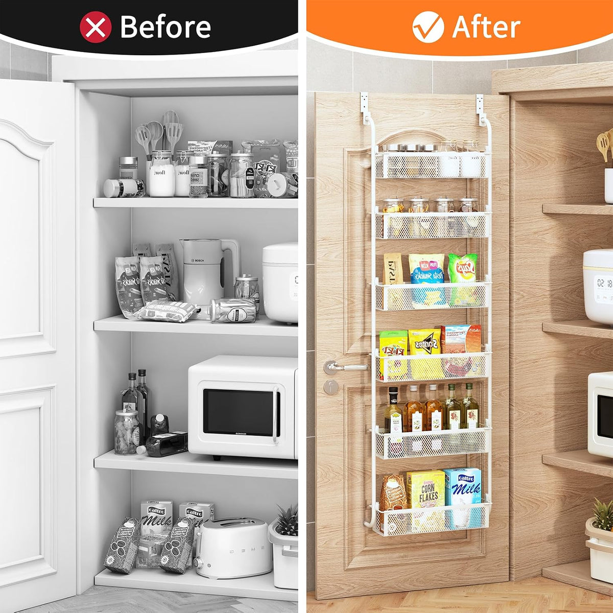 Over the Door Pantry Organizer, 6-Tier Pantry Door Organization and Storage, Over the Door Spice Rack, Home & Kitchen Storage Shelves for Cabinet, White