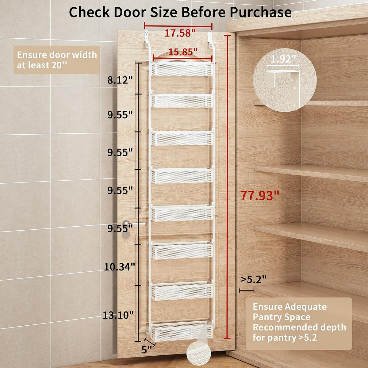 Over the Door Pantry Organizer, 6-Tier Pantry Door Organization and Storage, Over the Door Spice Rack, Home & Kitchen Storage Shelves for Cabinet, White