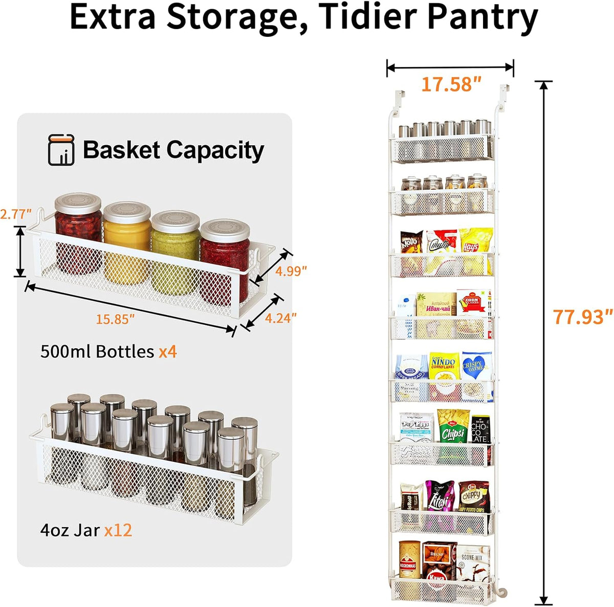 Over the Door Pantry Organizer, 6-Tier Pantry Door Organization and Storage, Over the Door Spice Rack, Home & Kitchen Storage Shelves for Cabinet, White