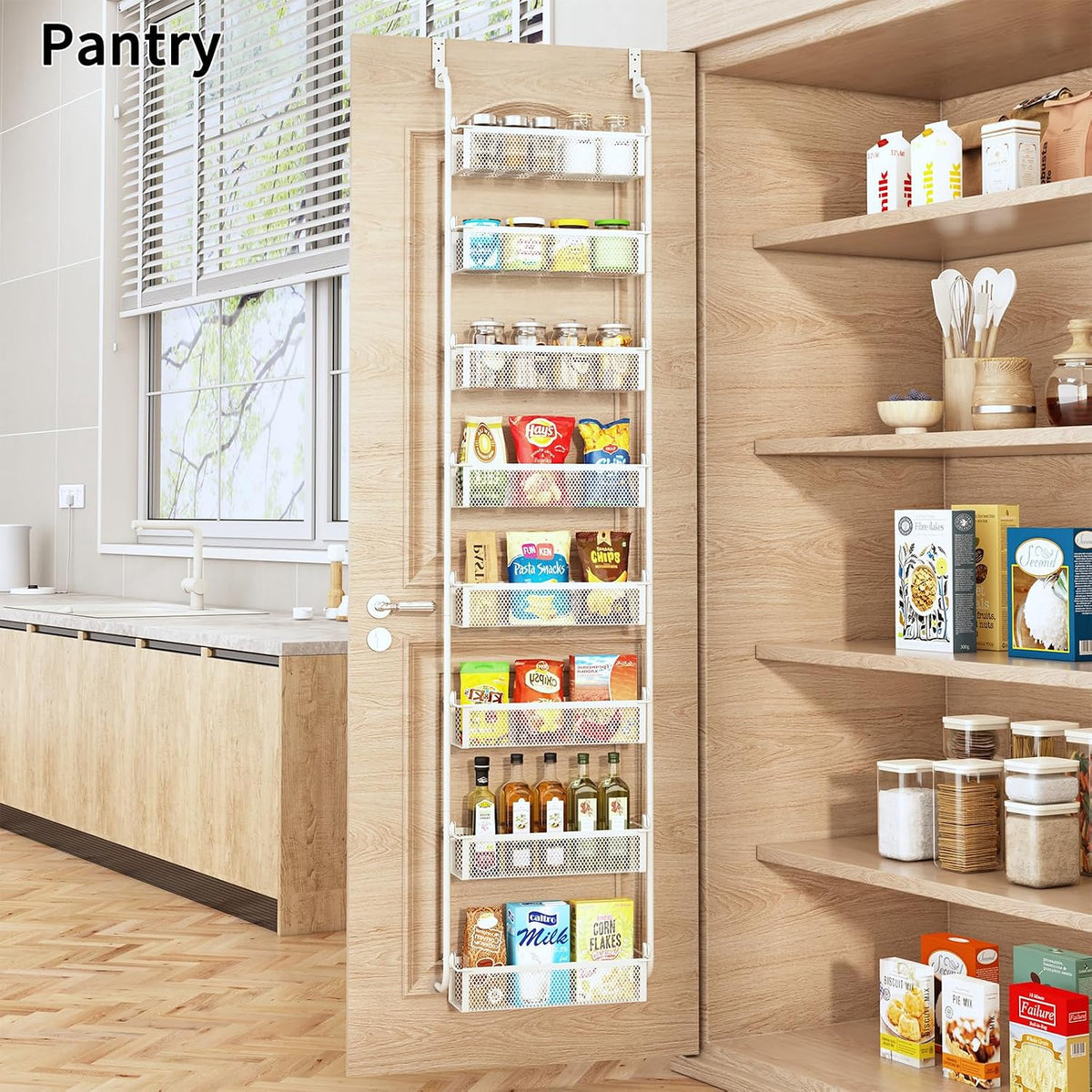 Over the Door Pantry Organizer, 6-Tier Pantry Door Organization and Storage, Over the Door Spice Rack, Home & Kitchen Storage Shelves for Cabinet, White