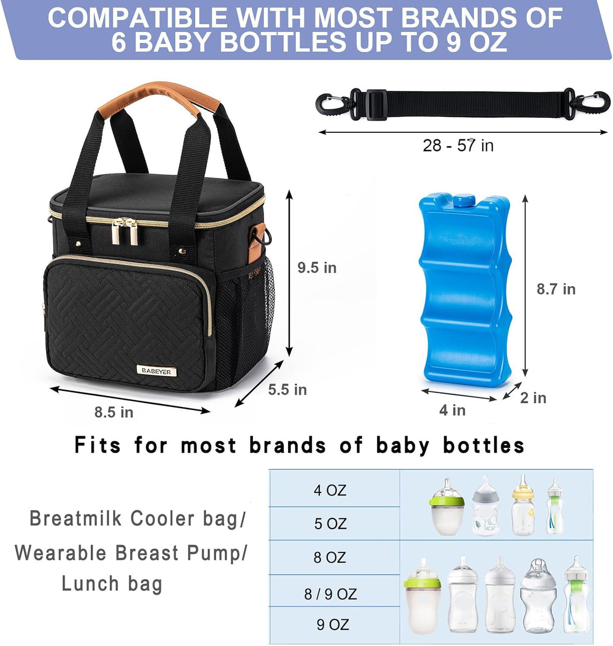 Breastmilk Cooler Bag with Ice Pack Fits 6 Baby Bottles up to 9 Ounce, Breast Milk Pump Cooler Bag for Nursing Mom Daycare, Work, Travel-Grey