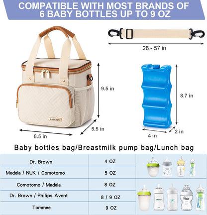 Breastmilk Cooler Bag with Ice Pack Fits 6 Baby Bottles up to 9 Ounce, Breast Milk Pump Cooler Bag for Nursing Mom Daycare, Work, Travel-Grey