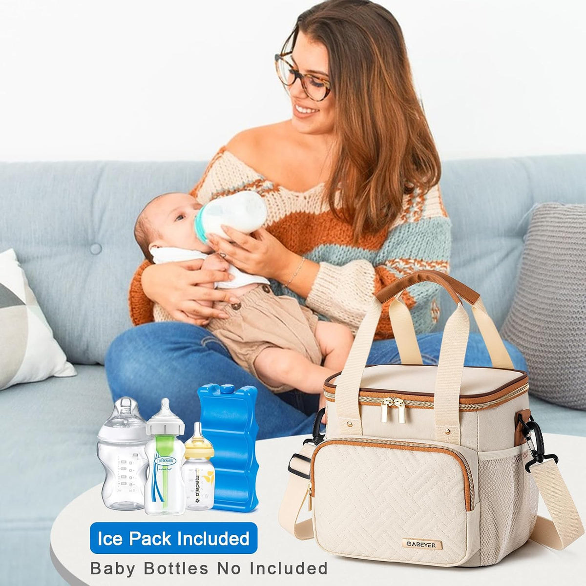 Breastmilk Cooler Bag with Ice Pack Fits 6 Baby Bottles up to 9 Ounce, Breast Milk Pump Cooler Bag for Nursing Mom Daycare, Work, Travel-Grey