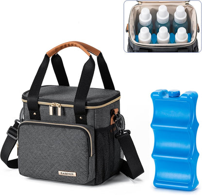 Breastmilk Cooler Bag with Ice Pack Fits 6 Baby Bottles up to 9 Ounce, Breast Milk Pump Cooler Bag for Nursing Mom Daycare, Work, Travel-Grey