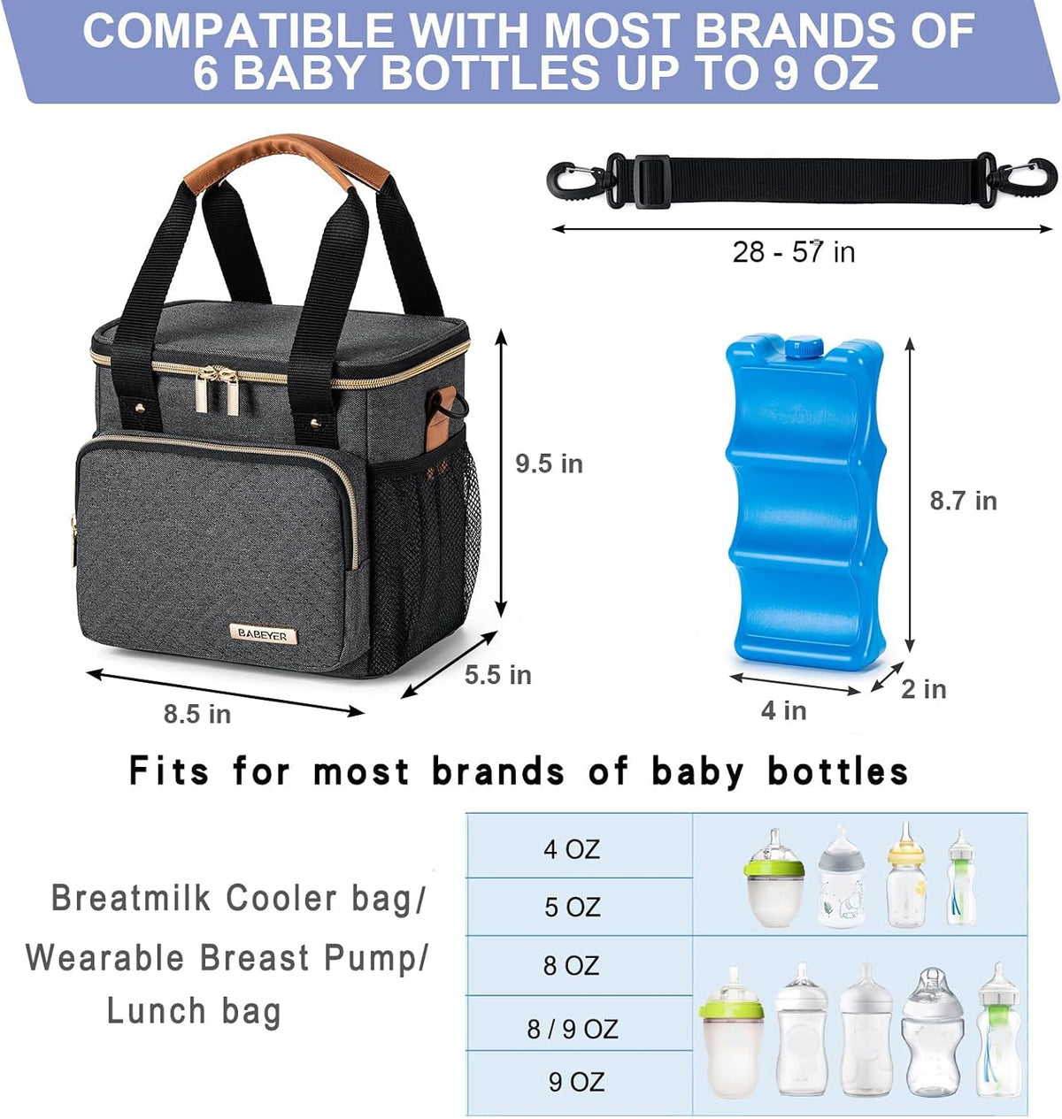 Breastmilk Cooler Bag with Ice Pack Fits 6 Baby Bottles up to 9 Ounce, Breast Milk Pump Cooler Bag for Nursing Mom Daycare, Work, Travel-Grey