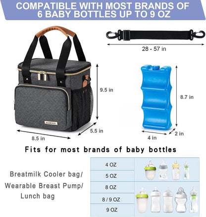Breastmilk Cooler Bag with Ice Pack Fits 6 Baby Bottles up to 9 Ounce, Breast Milk Pump Cooler Bag for Nursing Mom Daycare, Work, Travel-Grey