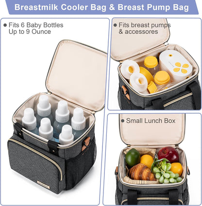 Breastmilk Cooler Bag with Ice Pack Fits 6 Baby Bottles up to 9 Ounce, Breast Milk Pump Cooler Bag for Nursing Mom Daycare, Work, Travel-Grey